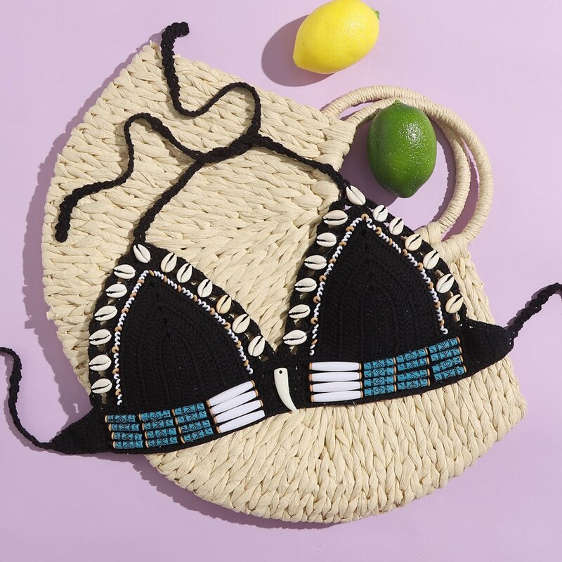 

Crochet Shell Decor Bikini Top, Black