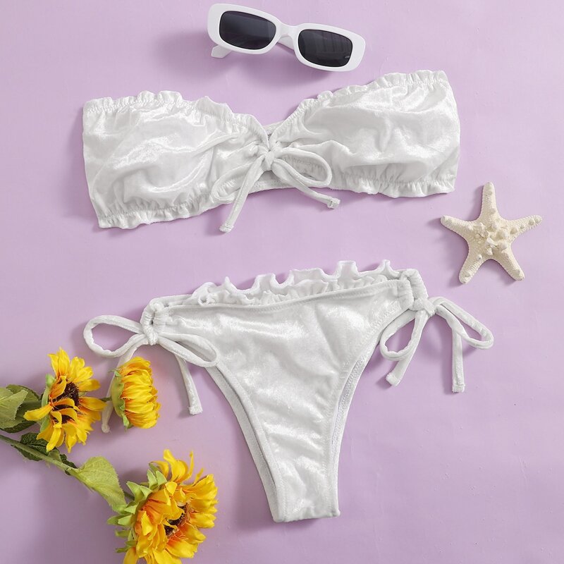 

Solid Velvet Tie Side Bikini Swimsuit, White