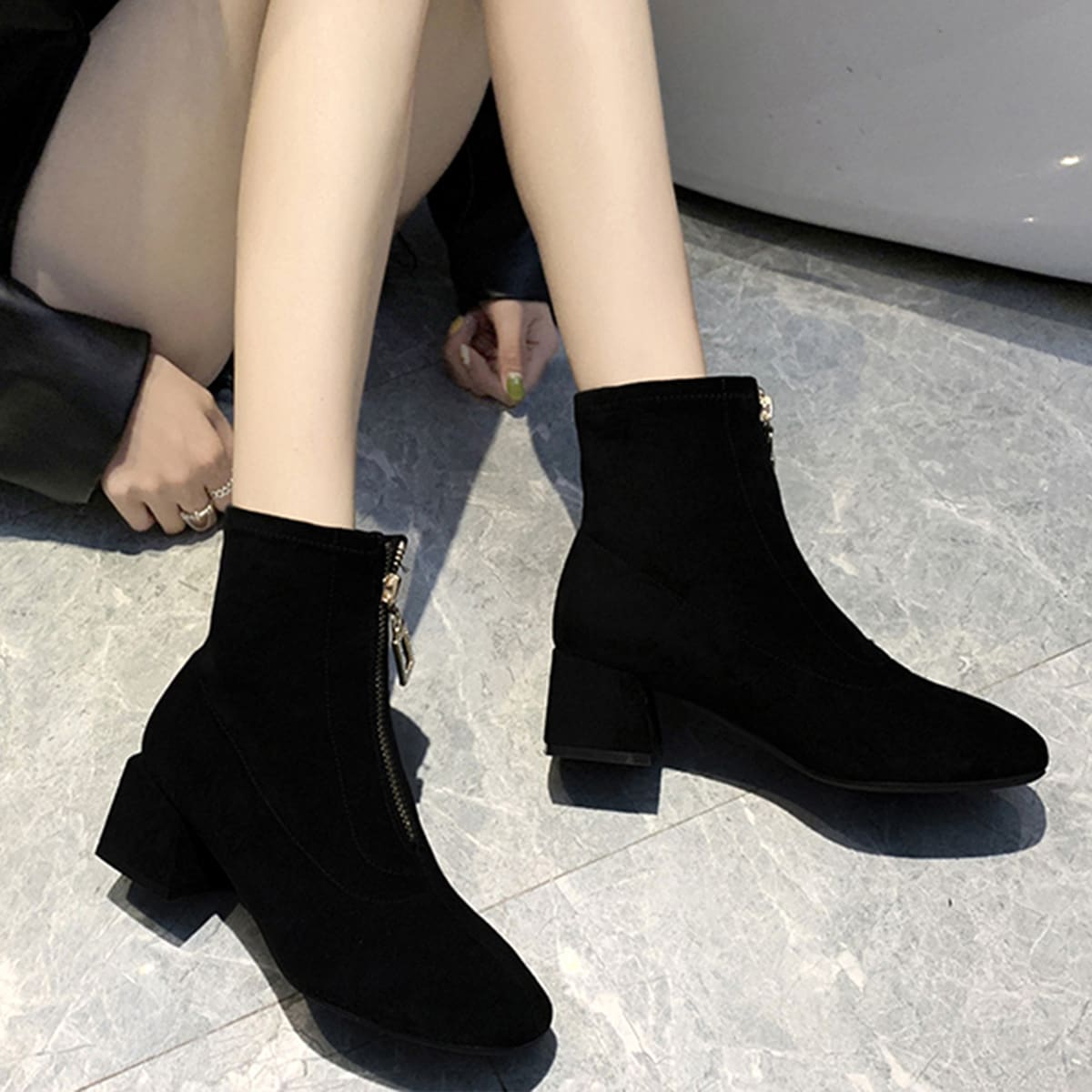 

Rhinestone Front Zip Chunky Heeled Boots, Black