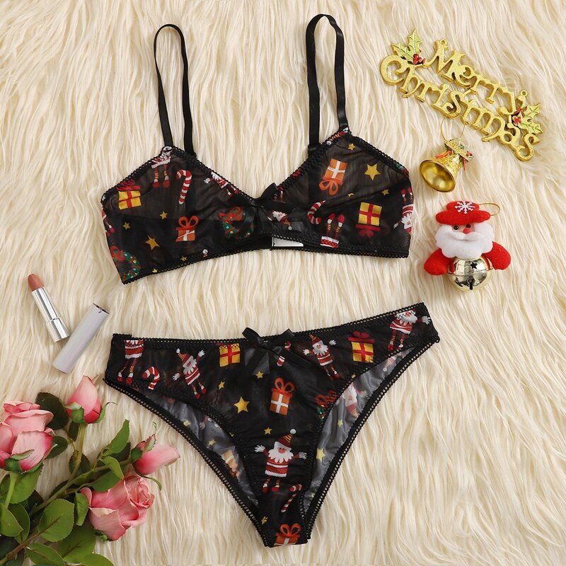

Christmas Print Lingerie Set, Black