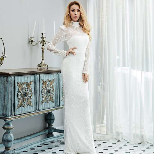 

Mock-neck Sequin Mesh Prom Dress, White