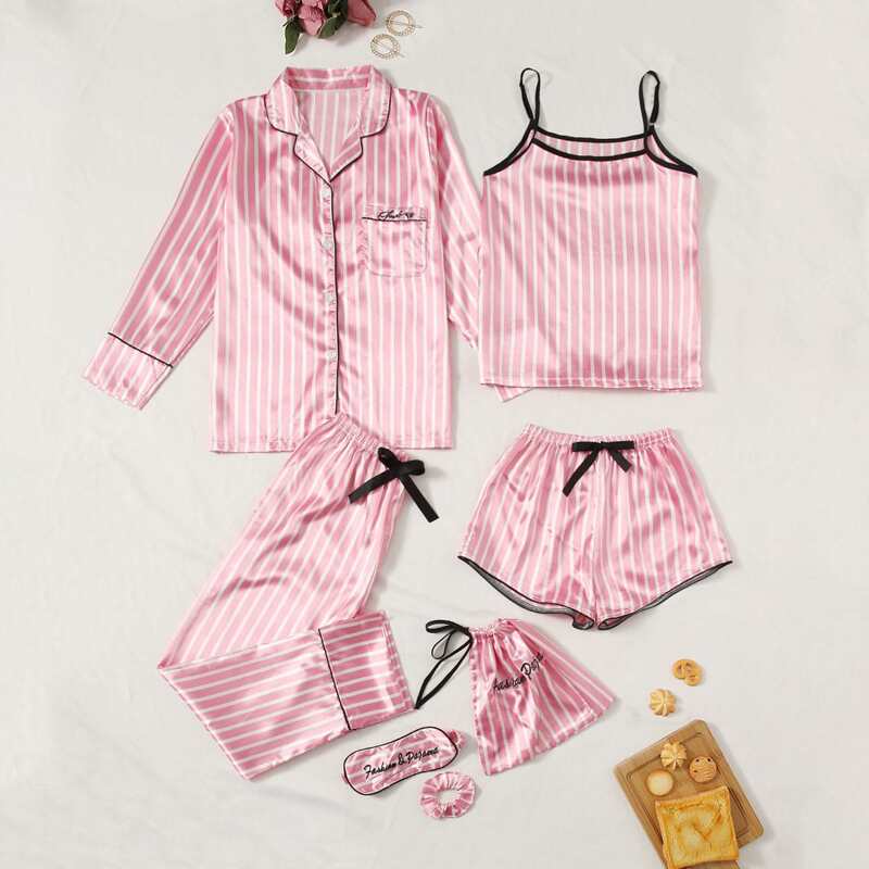

7pcs Striped Satin PJ Set, Pink