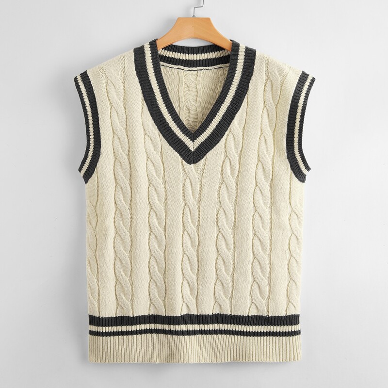 

Striped Cable Knit Sweater Vest, Beige