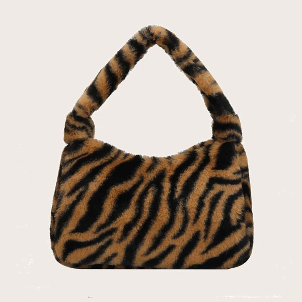 

Zebra Print Fluffy Shoulder Bag, Brown