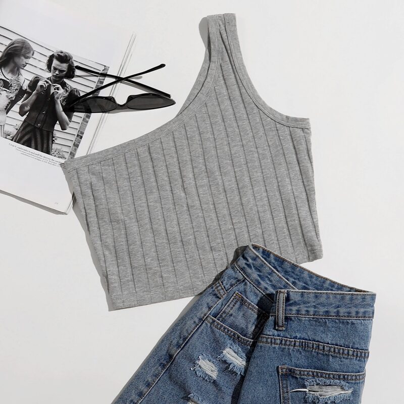 

One Shoulder Rib-knit Crop Top, Grey