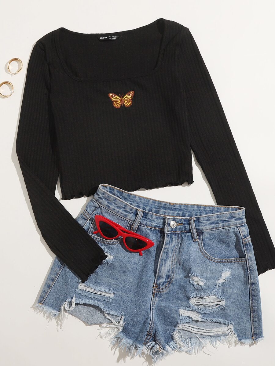 SHEIN Qutie Butterfly Embroidery Crop Tee - Black - View 1