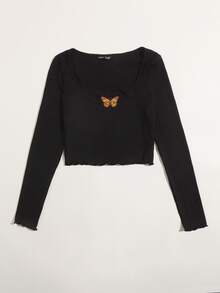 SHEIN Qutie Butterfly Embroidery Crop Tee - Black - View 3