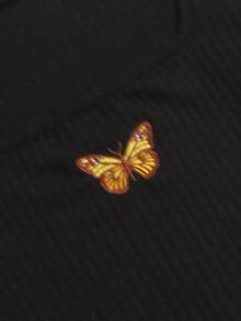 SHEIN Qutie Butterfly Embroidery Crop Tee - Black - View 4