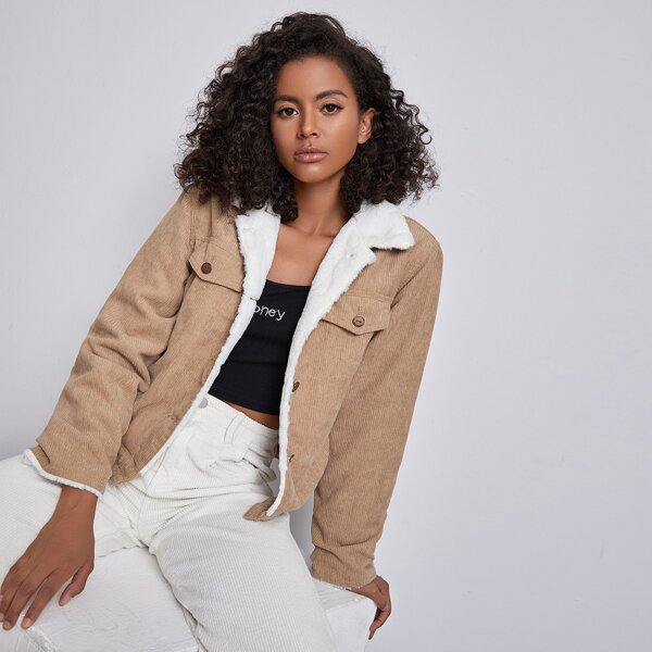 

Button Front Teddy Lining Corduroy Jacket, Khaki