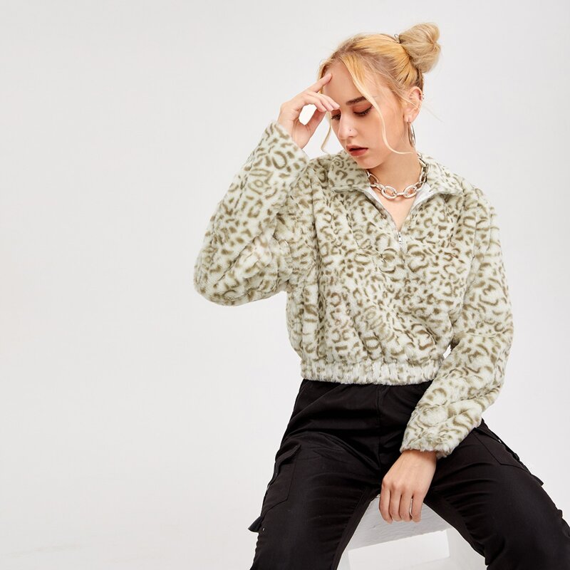 

Half Zip Leopard Teddy Crop Sweatshirt, Multicolor