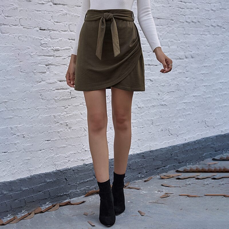 

Solid Wrap Hem Belted Skirt, Army green