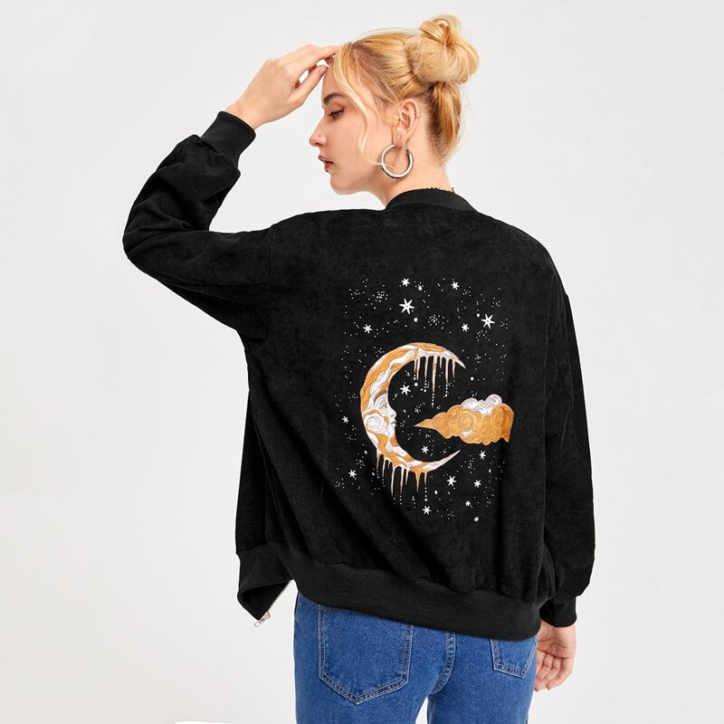 

Corduroy Galaxy Print Bomber Jacket, Black
