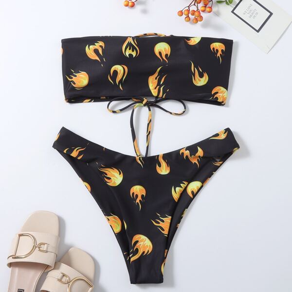 

Fire Print Lace-up Bandeau Bikini Swimsuit, Black