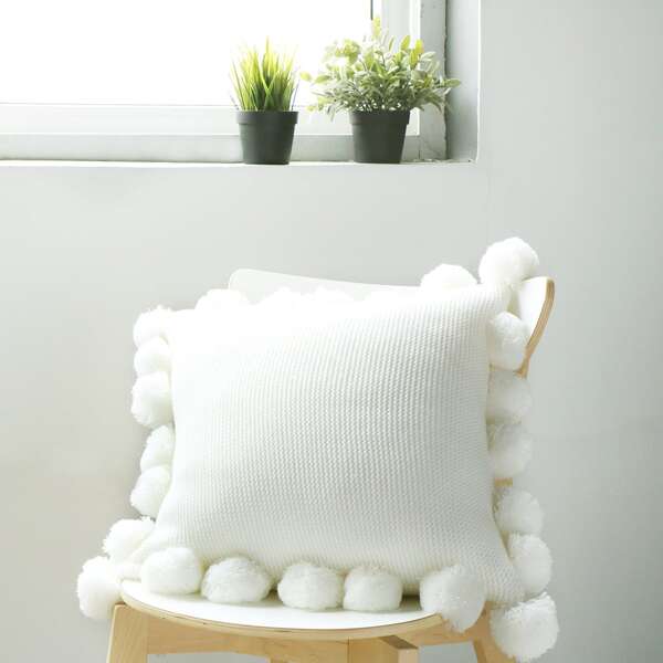

Pom Pom Decor Cushion Cover Without Filler, White