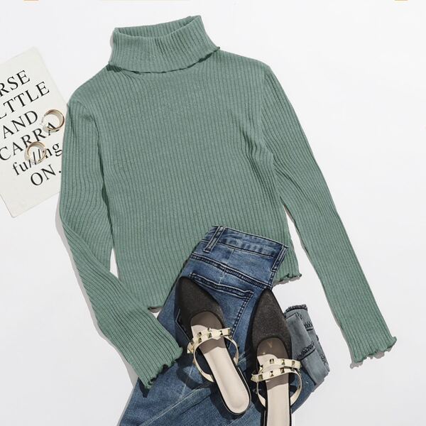 

Funnel Neck Lettuce Trim Rib-knit Top, Mint green