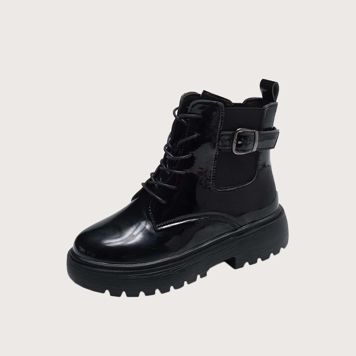 

Buckle Lace-up Lug Sole Combat Boots, Black