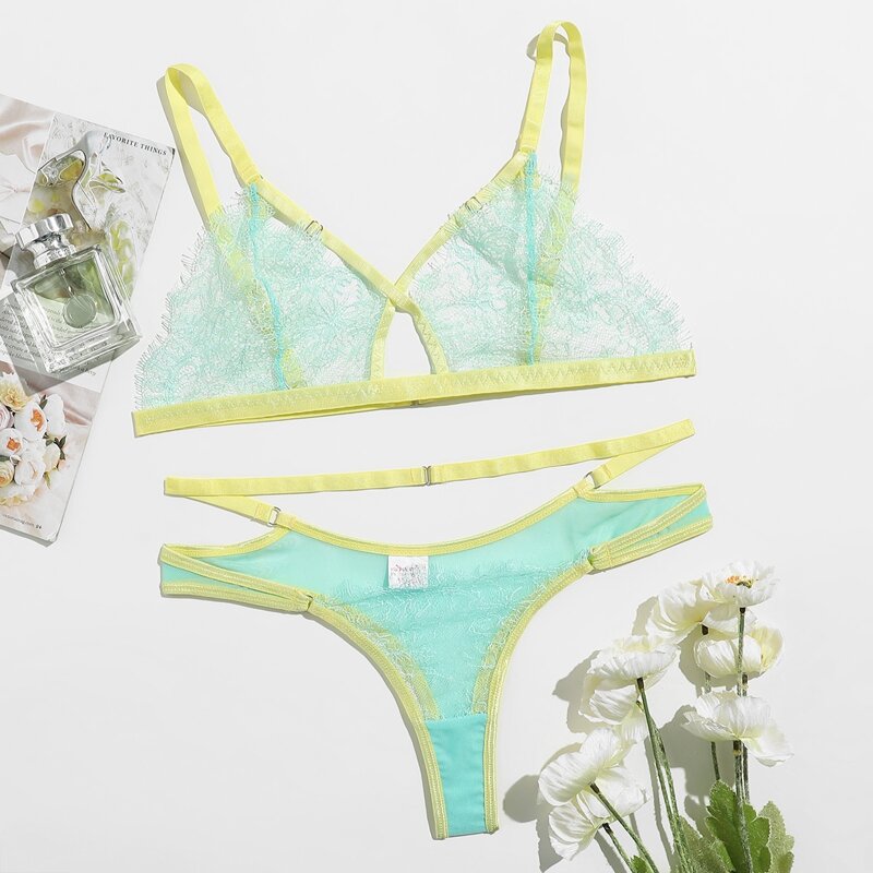 

Lace Sheer Cut Out Lingerie Set, Mint green