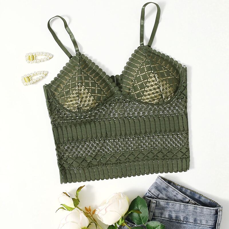 

Solid Lace Longline Bralette, Army green