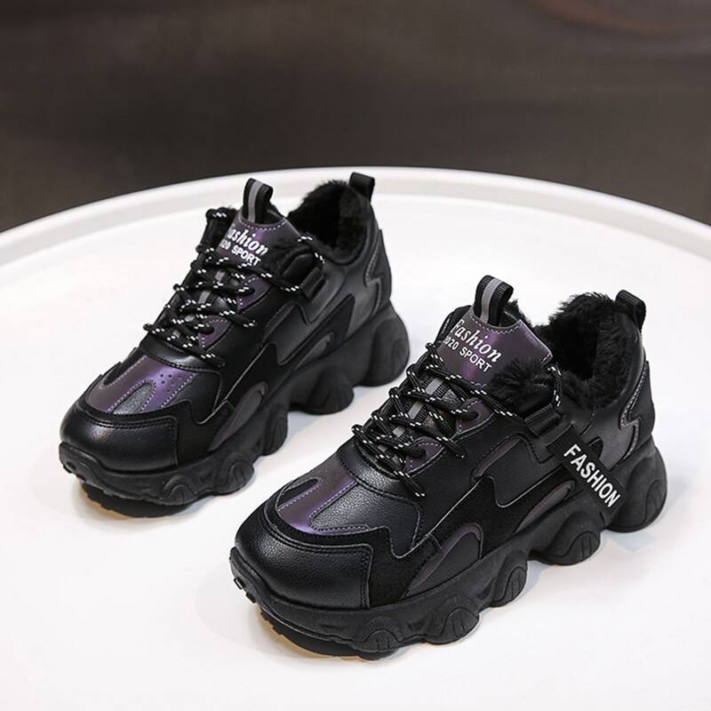 

Lace-up Fluffy Chunky Sneakers, Black