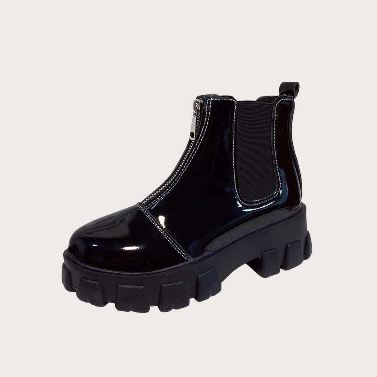 

Front Zip Lug Sole Chelsea Boots, Black
