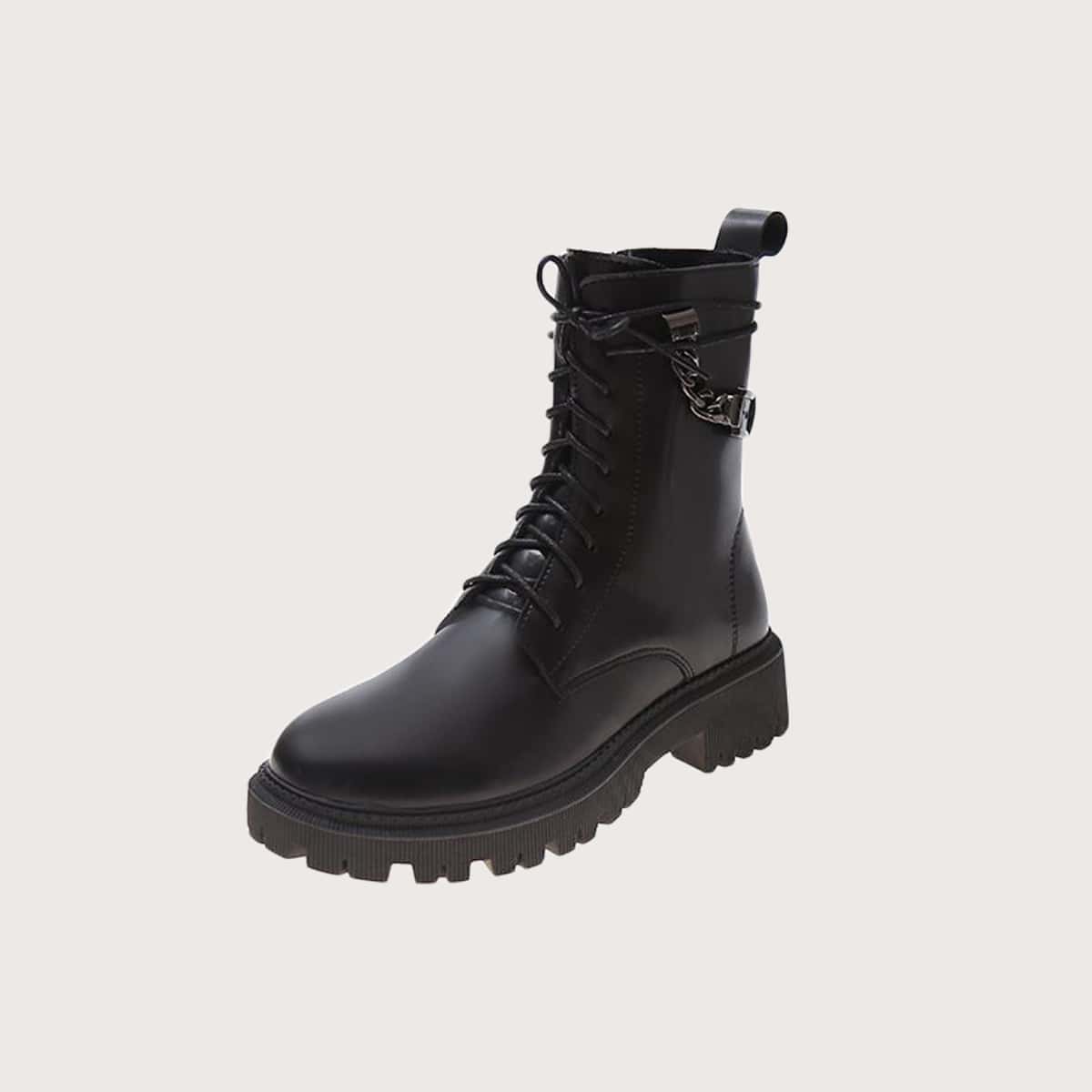 

Chain Decor Lace-up Combat Boots, Black