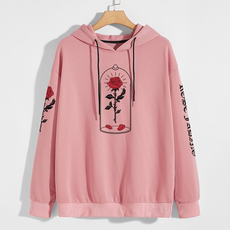 

Guys Letter Rose Graphic Hoodie, Dusty pink