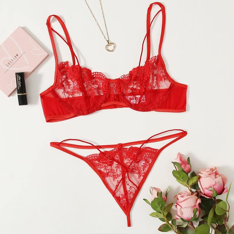 

Lace Embroidery Lingerie Set, Red