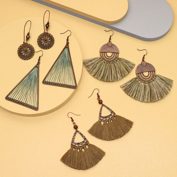 

4pairs Tassel Decor Geometric Drop Earrings, Multicolor