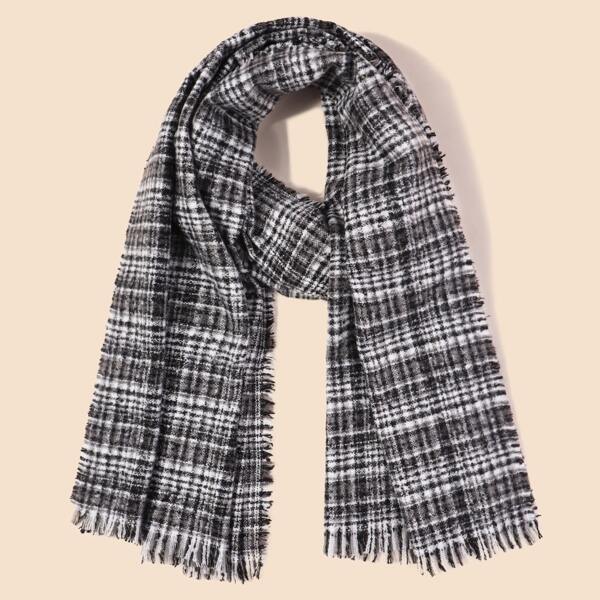 

Raw Hem Plaid Scarf, Black and white