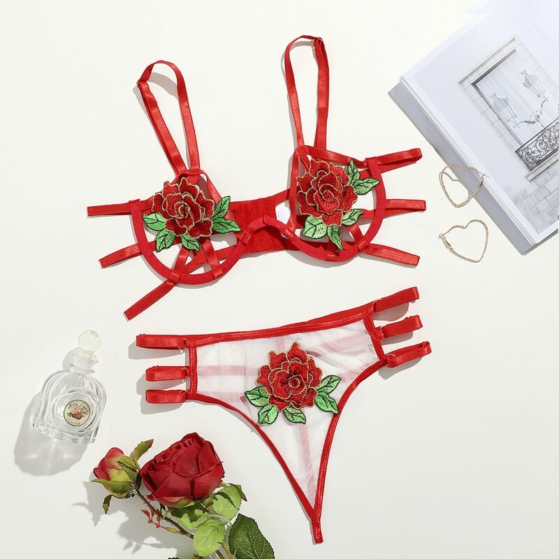 

Floral Embroidery Cut Out Lingerie Set, Red