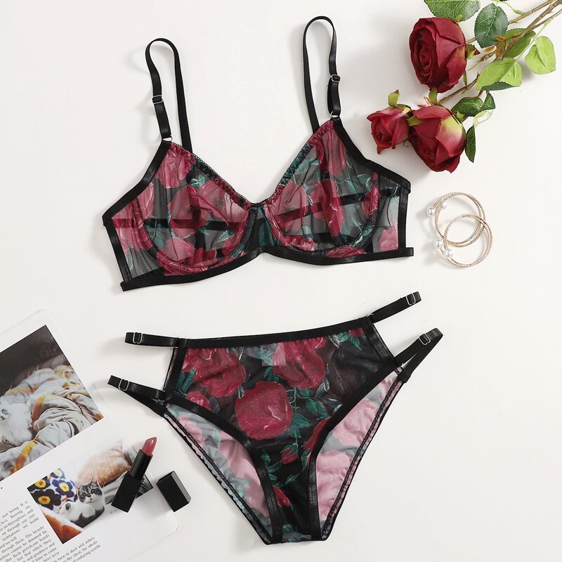 

Floral Mesh Cut Out Lingerie Set, Black