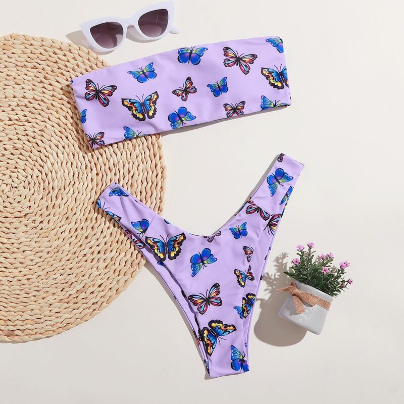 

Butterfly Print High Cut Bikini Swimsuit, Multicolor