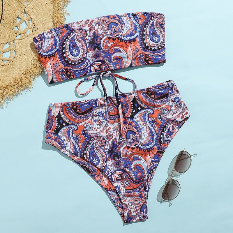 

Paisley Print High Waist Bikini Swimsuit, Multicolor