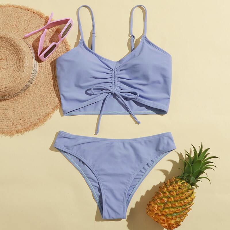 

Solid Ruched Bikini Swimsuit, Lilac purple