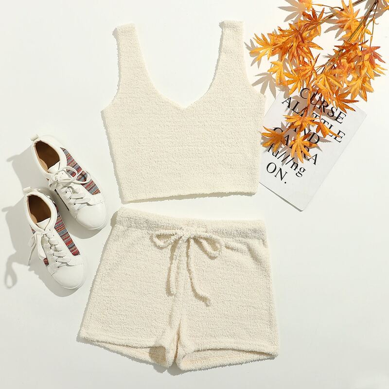 

Solid Teddy Tank Top & Shorts, Beige