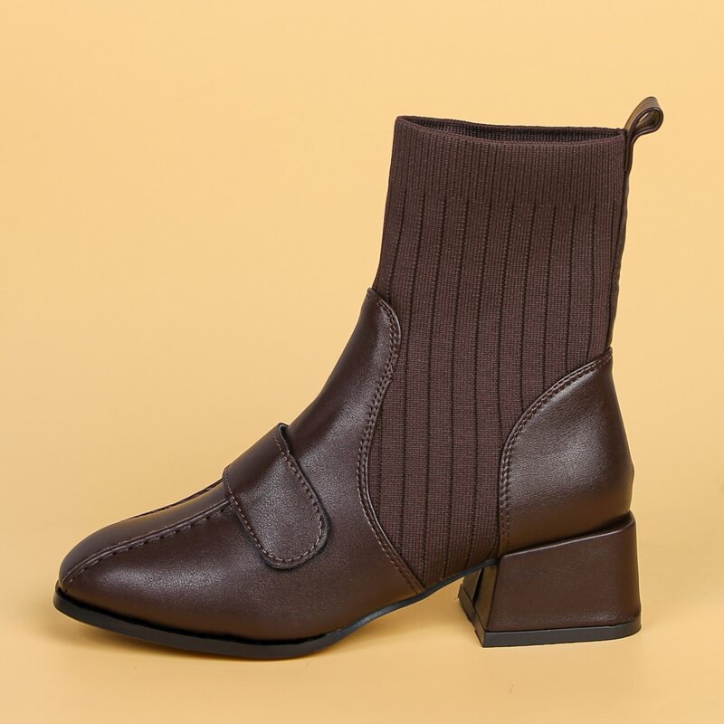 

Minimalist Knit Detail Chunky Heeled Boots, Brown