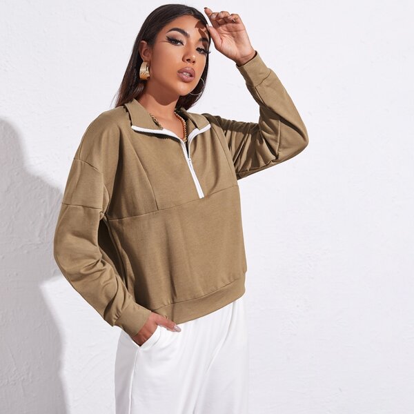 

Drop Shoulder Zip Half Placket Pullover, Khaki