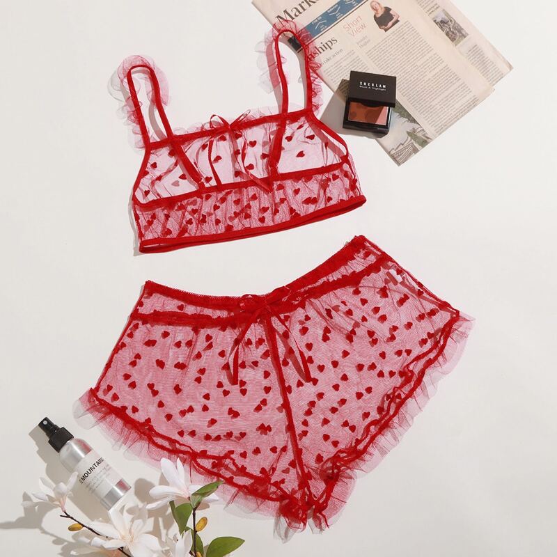 

Heart Allover Mesh Sheer Lingerie Set, Red