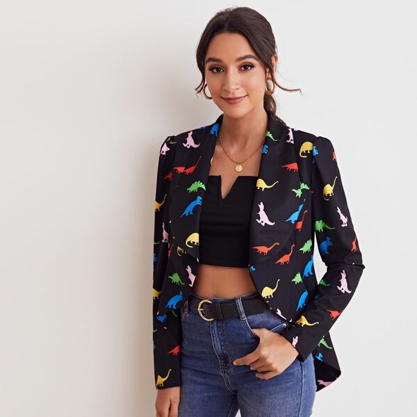 

Dinosaur All Over Print Open Front Blazer, Black