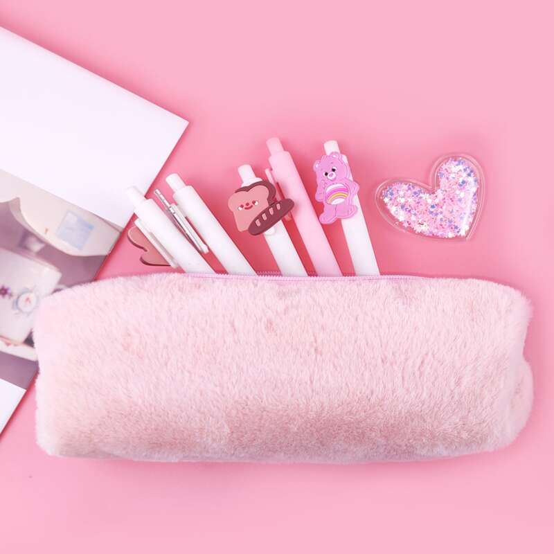 

1pc Plain Plush Pencil Case, Pink