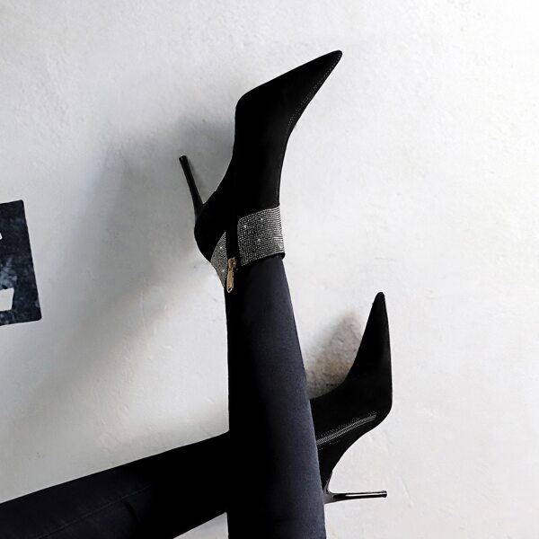 

Rhinestone Detail Point Toe Stiletto Warm Ankle Boots, Black