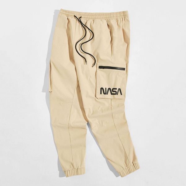 

Men Letter Graphic Drawstring Waist Cargo Pants, Khaki
