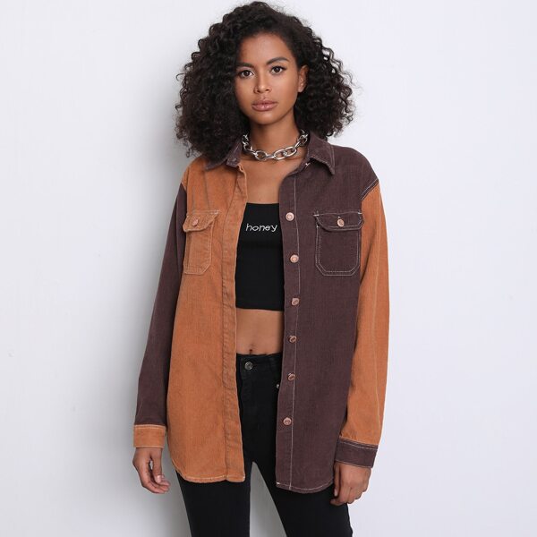 

Flap Pocket Colorblock Curved Hem Cord Jacket, Multicolor