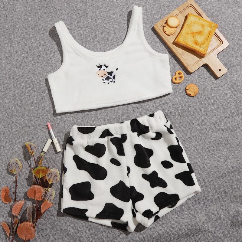 

Cow Print Flannel PJ Set, Black and white