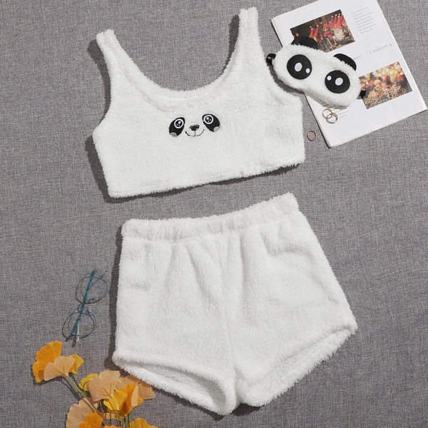 

Cartoon Embroidery Flannel PJ Set, White
