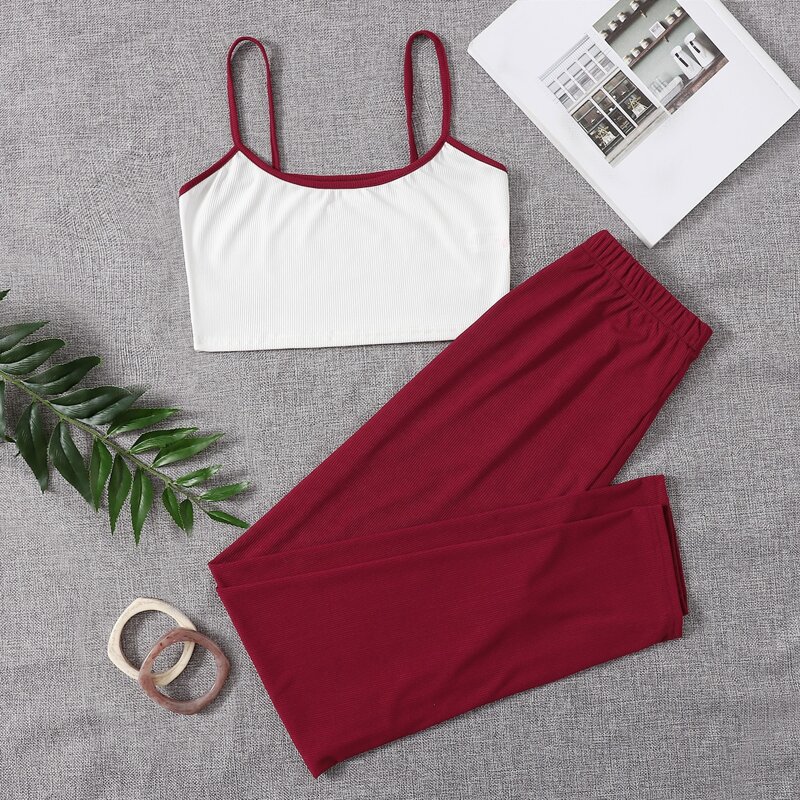 

Contrast Binding Crop Cami Top & Pants PJ Set, Red and white