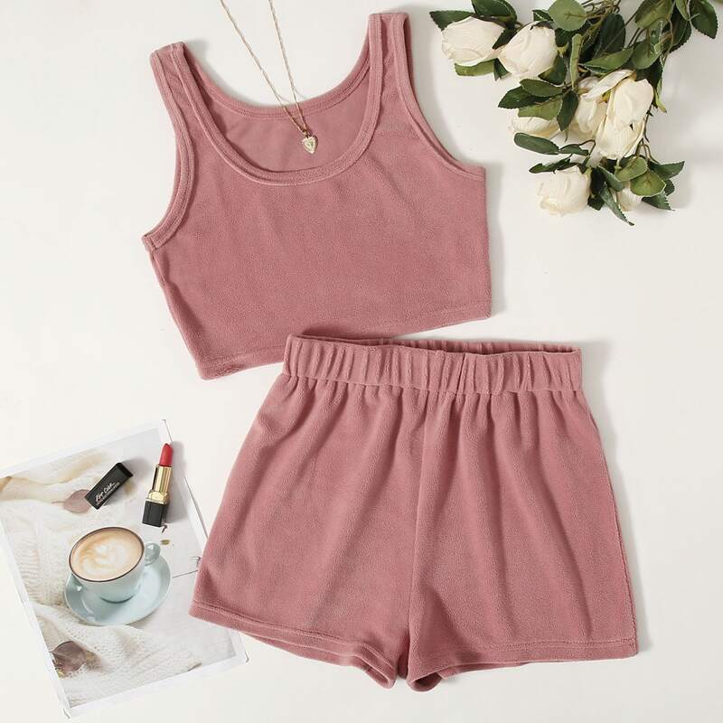 

Solid Crop Flannel Tank Top & Shorts PJ Set, Dusty pink