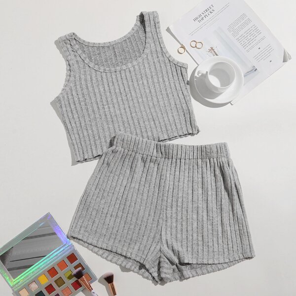

Ribbed Crop Tank Top & Shorts PJ Set, Light grey