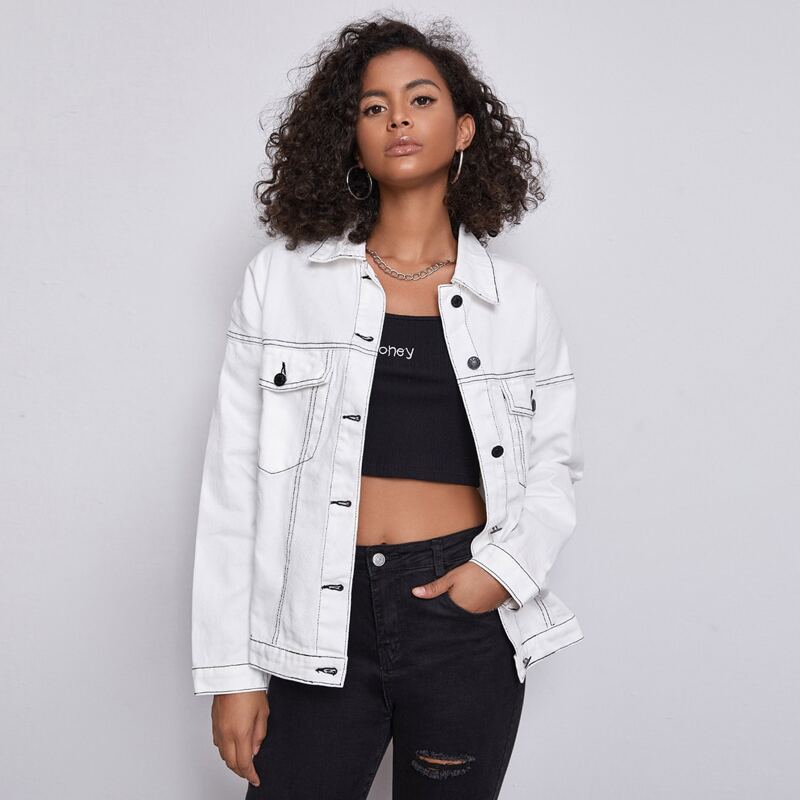 

Flap Pocket Button Front Denim Jacket, White