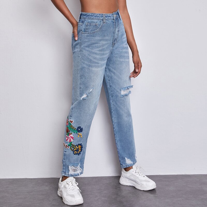 

High Waist Floral Embroidery Ripped Jeans, Light wash